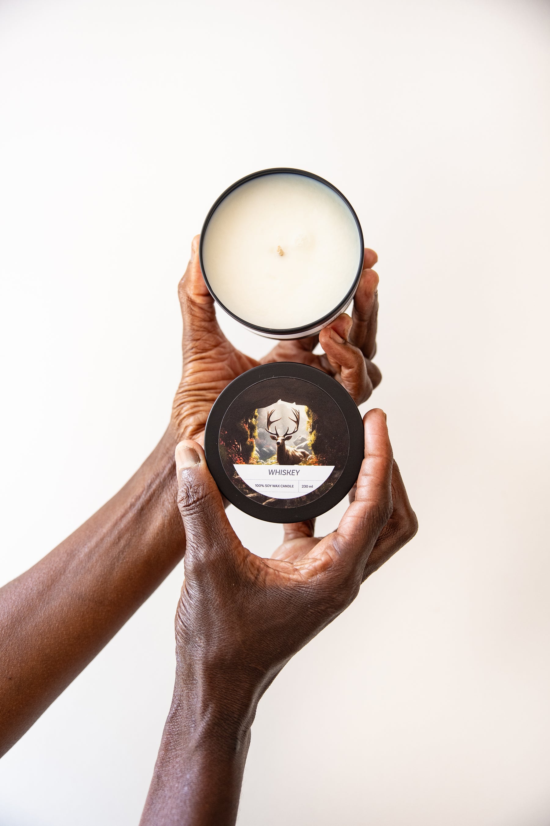 Whiskey tin candle, overhead shot