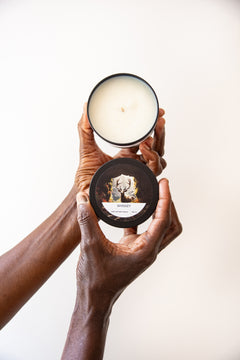 Whiskey tin candle, overhead shot