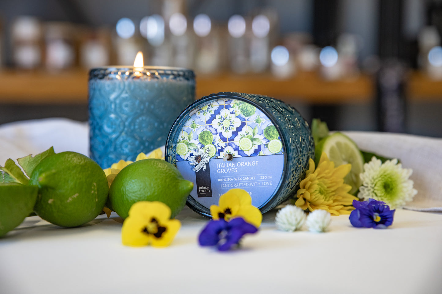 Italian Orange Groves candle tin, close-up of label design