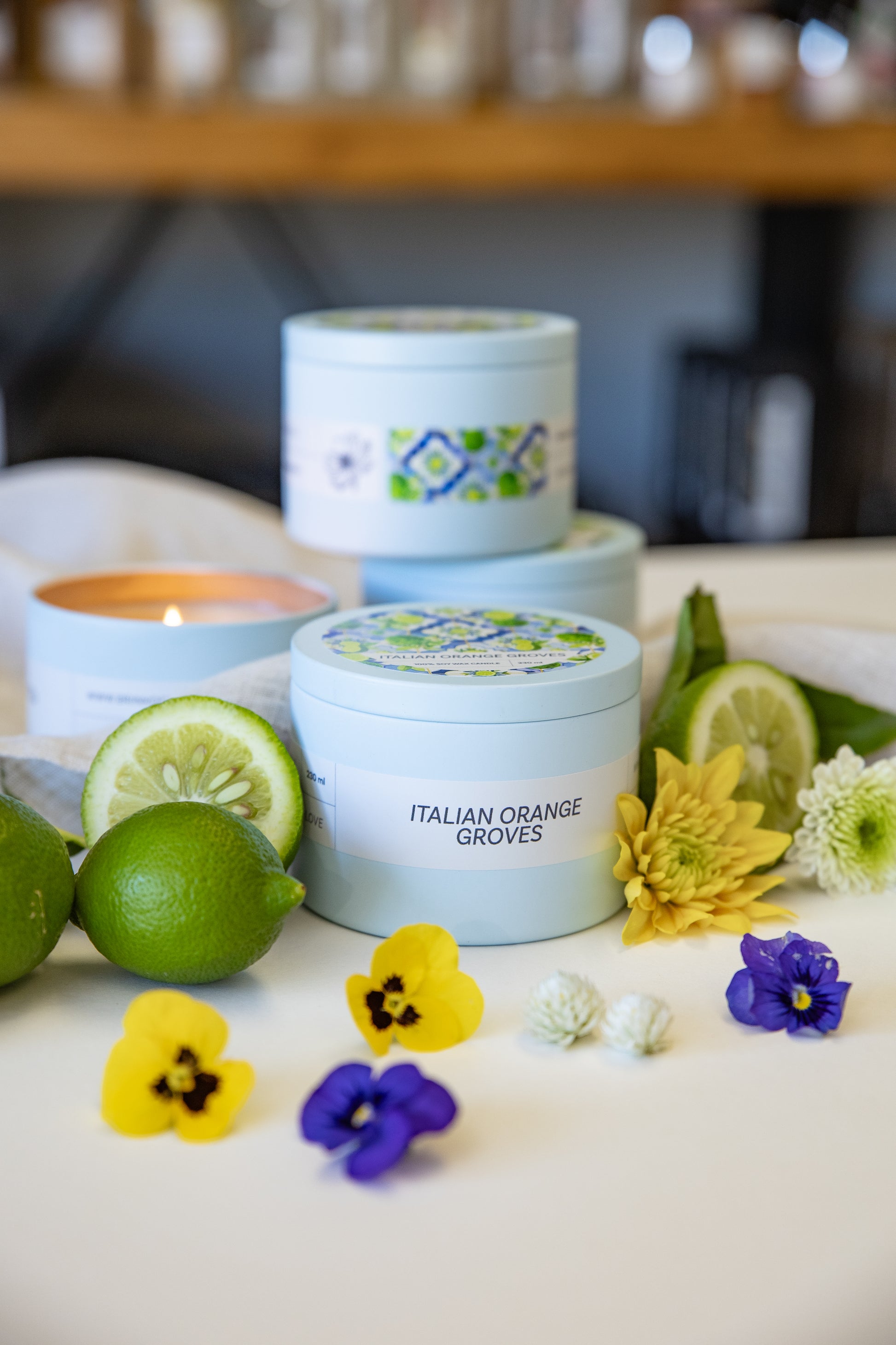 Italian Orange Groves candle tin, studio shot