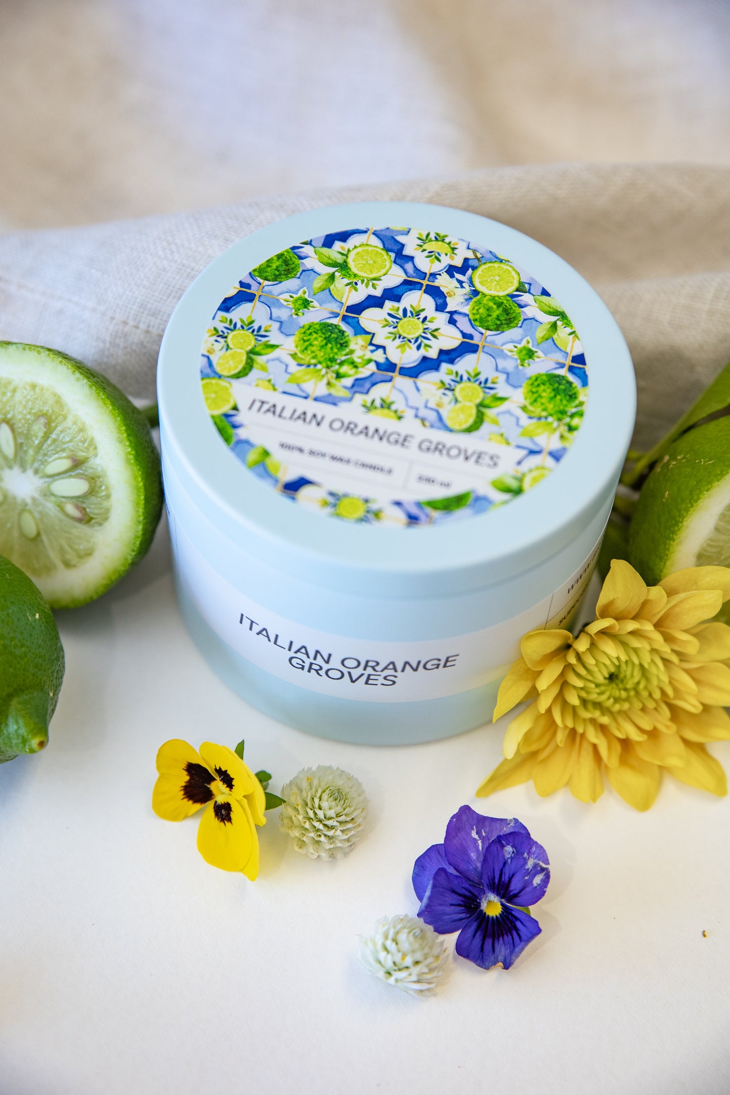 Italian Orange Groves soy wax candle, warm lighting