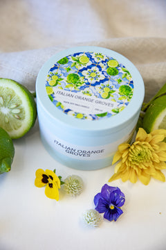 Italian Orange Groves soy wax candle, warm lighting