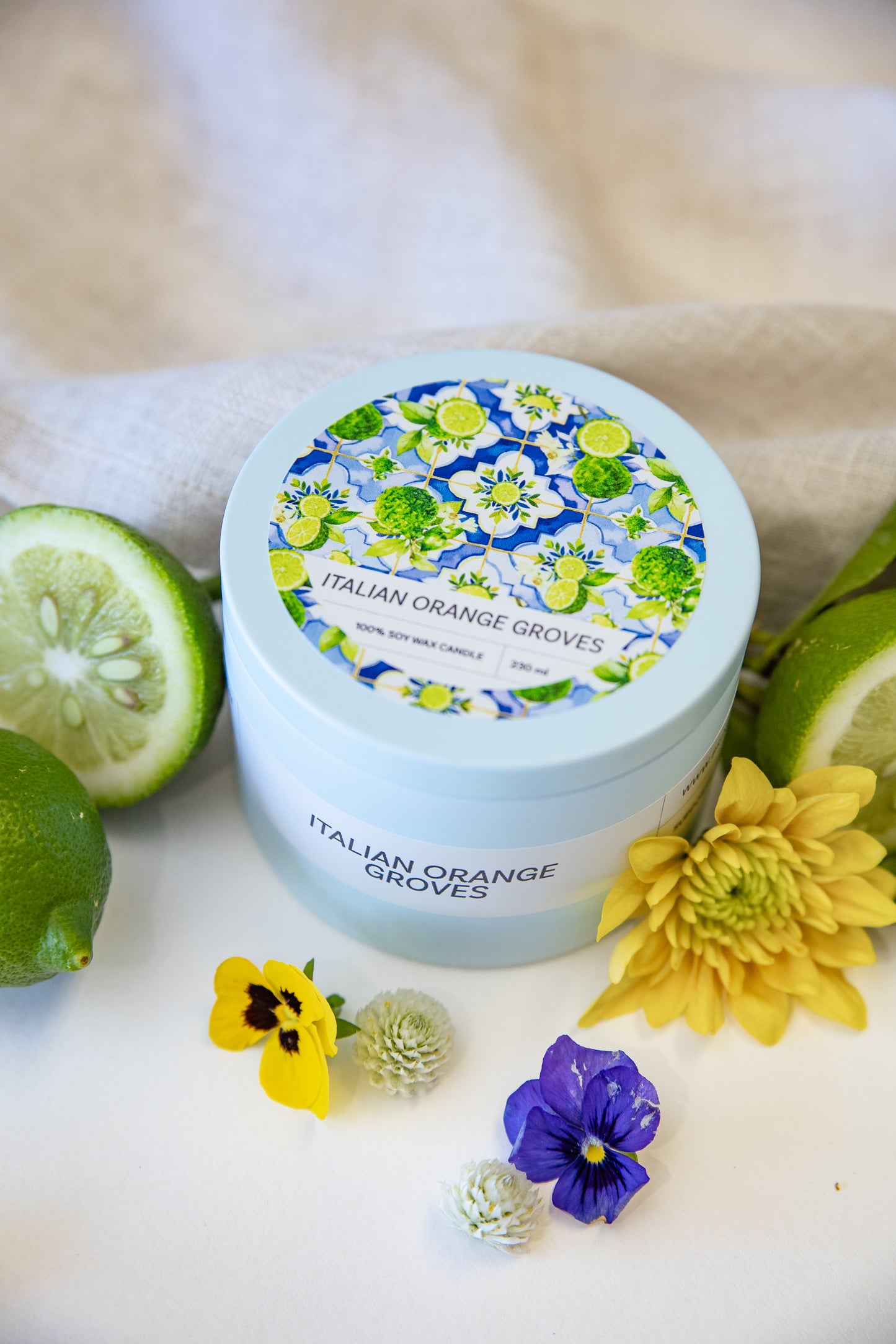 Italian Orange Groves candle, detail shot of tin