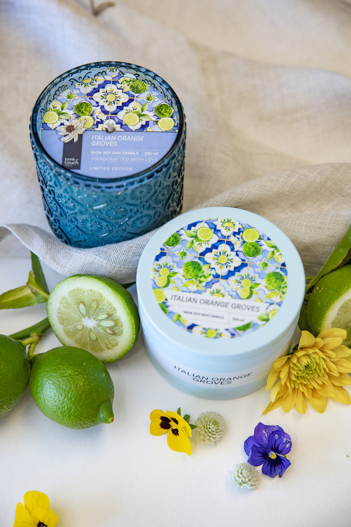Italian Orange Groves tin candle by Brink of Touch, top view