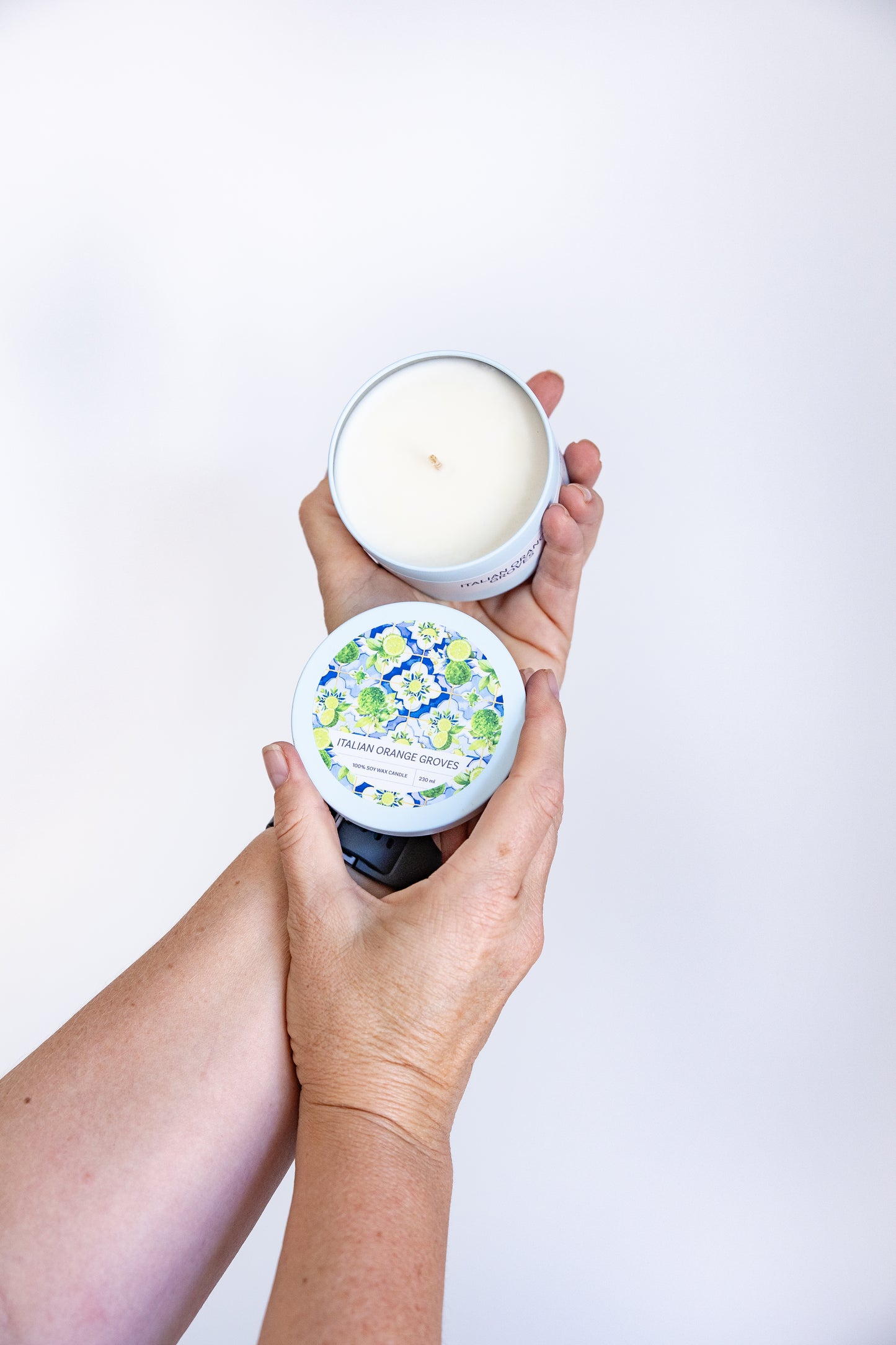 Italian Orange Groves soy wax tin candle, full product view