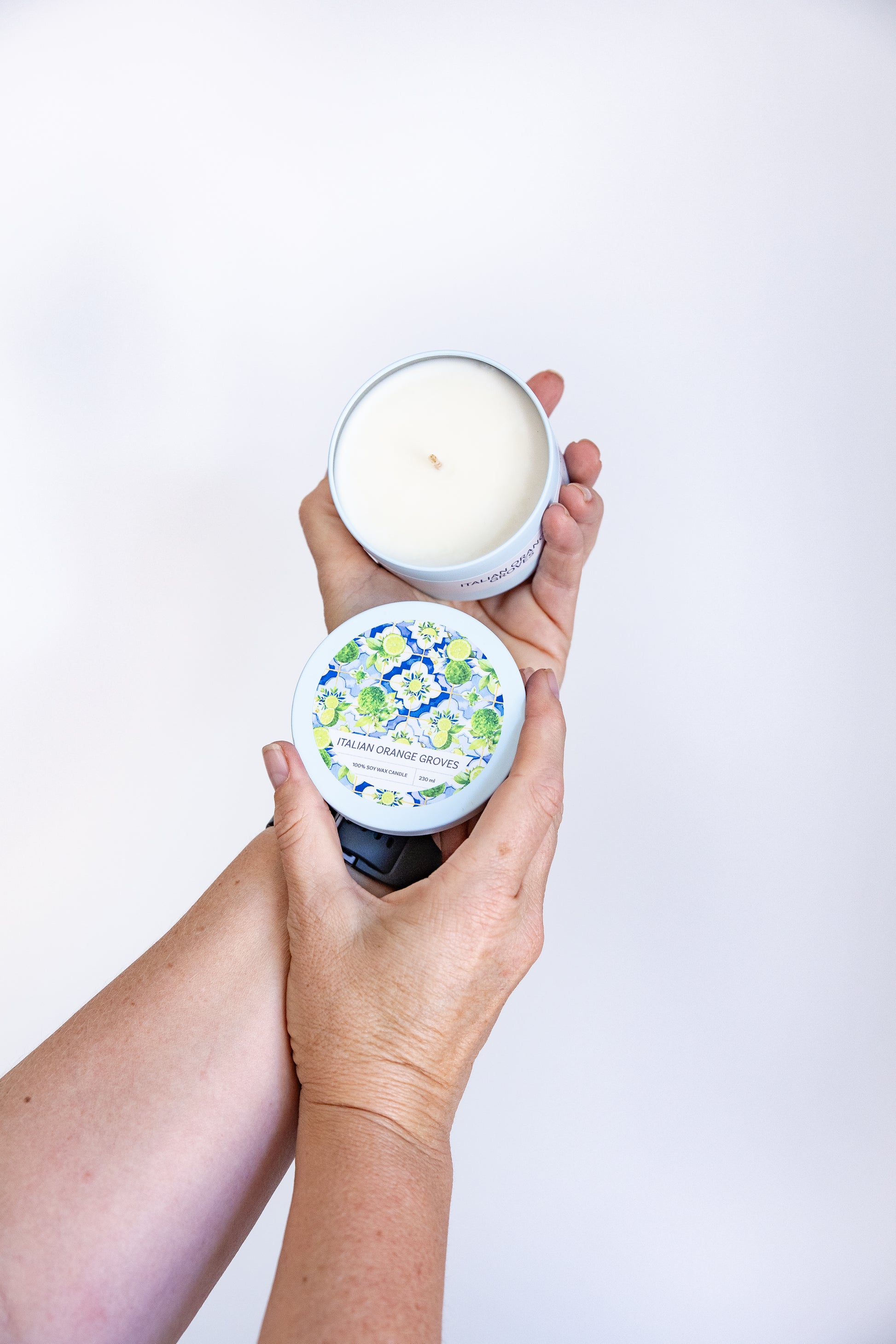 Italian Orange Groves soy wax tin candle, full product view