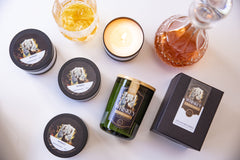 Whiskey soy wax tin candle, angled product shot
